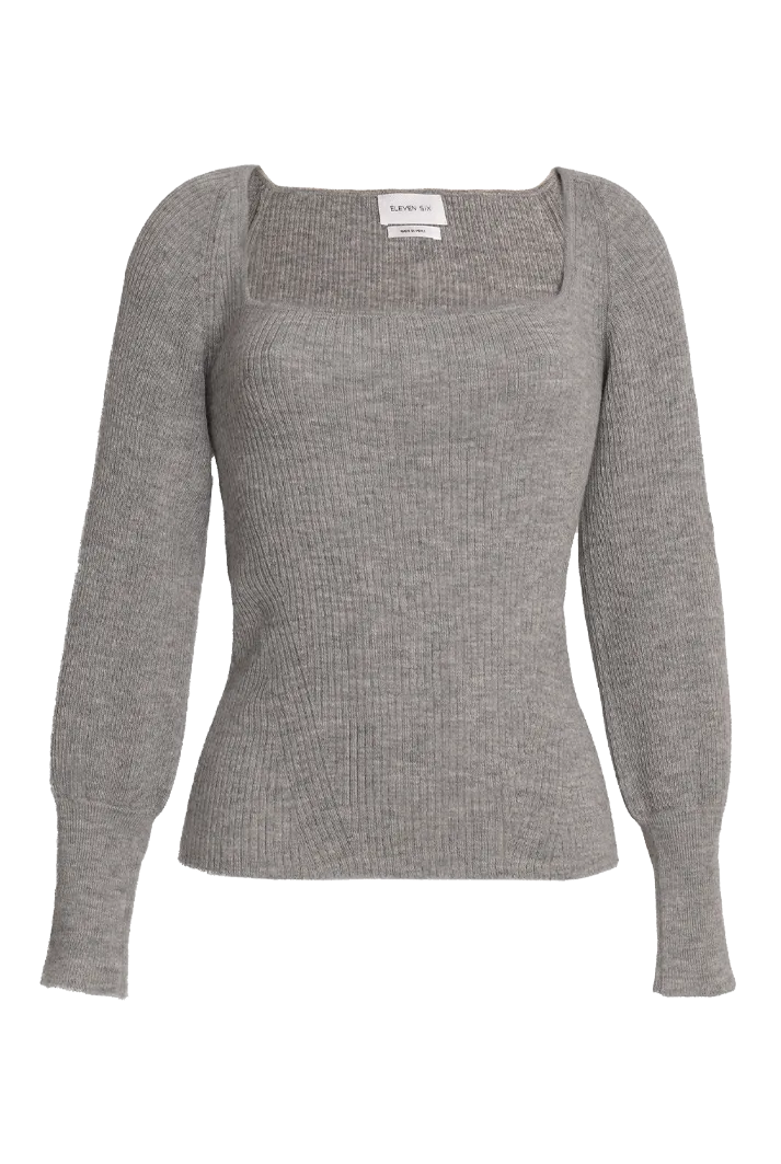 Camila Ribbed Square Neck Sweater | Grey