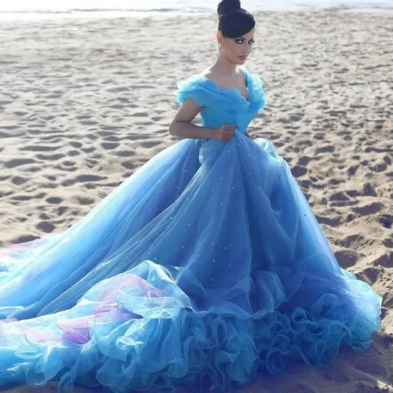 cinderella dresses 2020 ball gown prom dresses royal blue beaded off the shoulder princess prom gown