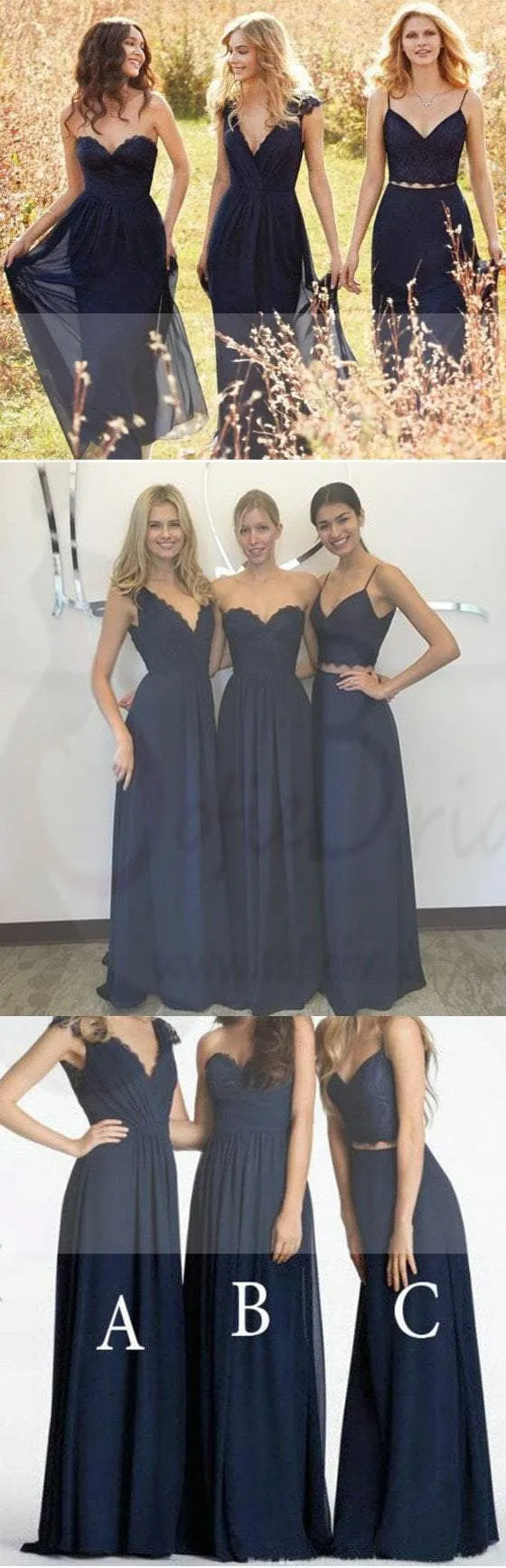 Convertible New Design Elegant Lace Chiffon Navy Blue A Line Floor-Length Inexpensive Bridesmaid Dresses, WG70