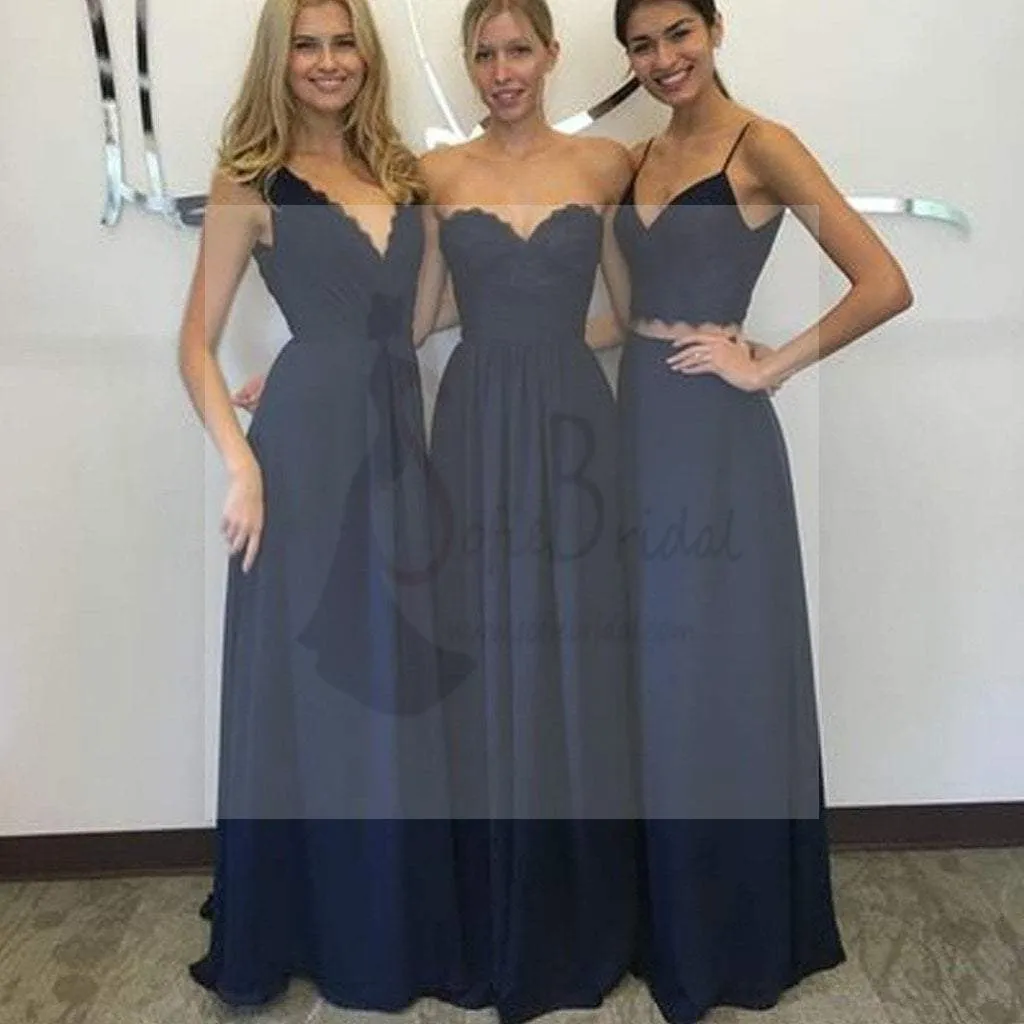 Convertible New Design Elegant Lace Chiffon Navy Blue A Line Floor-Length Inexpensive Bridesmaid Dresses, WG70