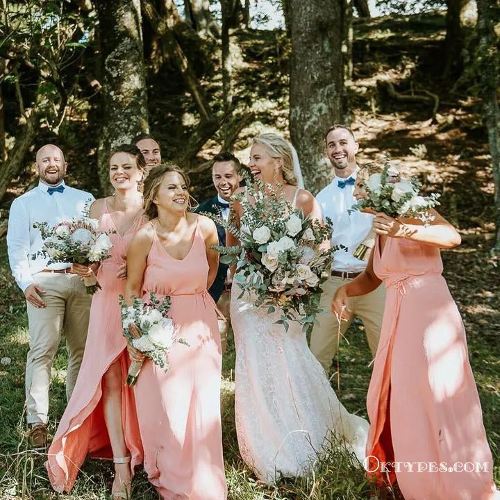 Coral Chiffon Long Cheap Bridesmaid Dresses With Side Slit, TYP1754