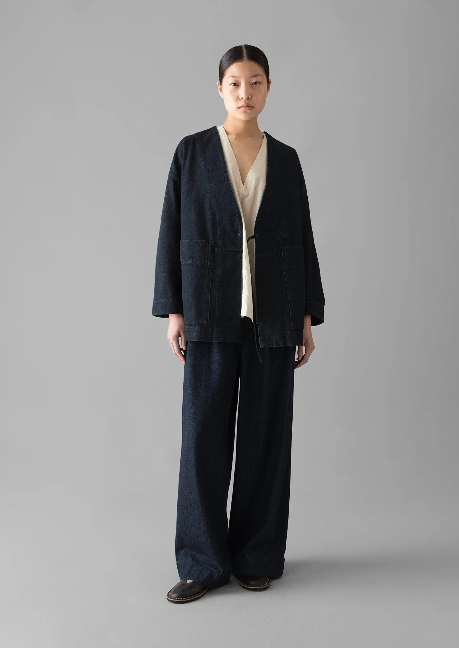 Cotton Hemp Denim Wide Leg Trousers | Indigo