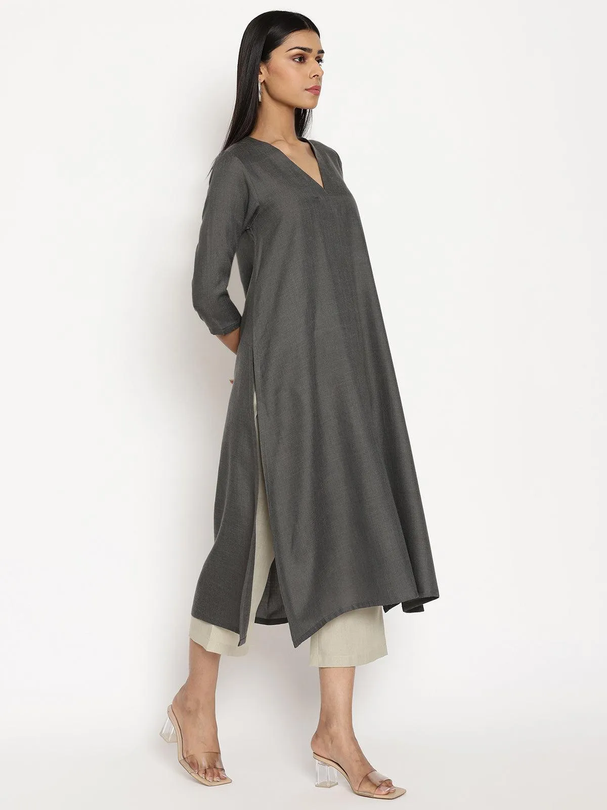 Cotton Linen Dark Grey Kurta Pant Set | Relove