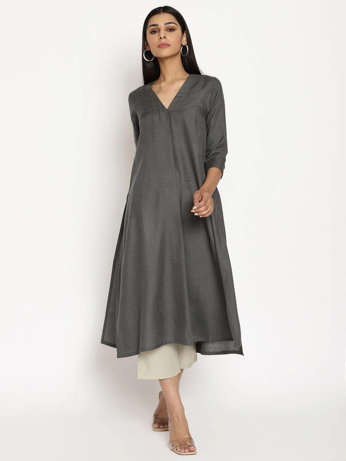 Cotton Linen Dark Grey Kurta Pant Set | Relove