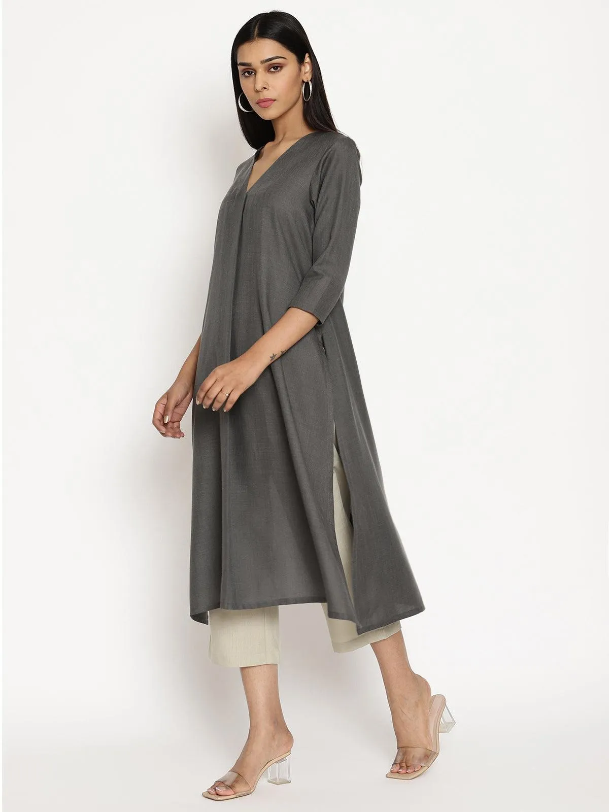 Cotton Linen Dark Grey Kurta Pant Set | Relove