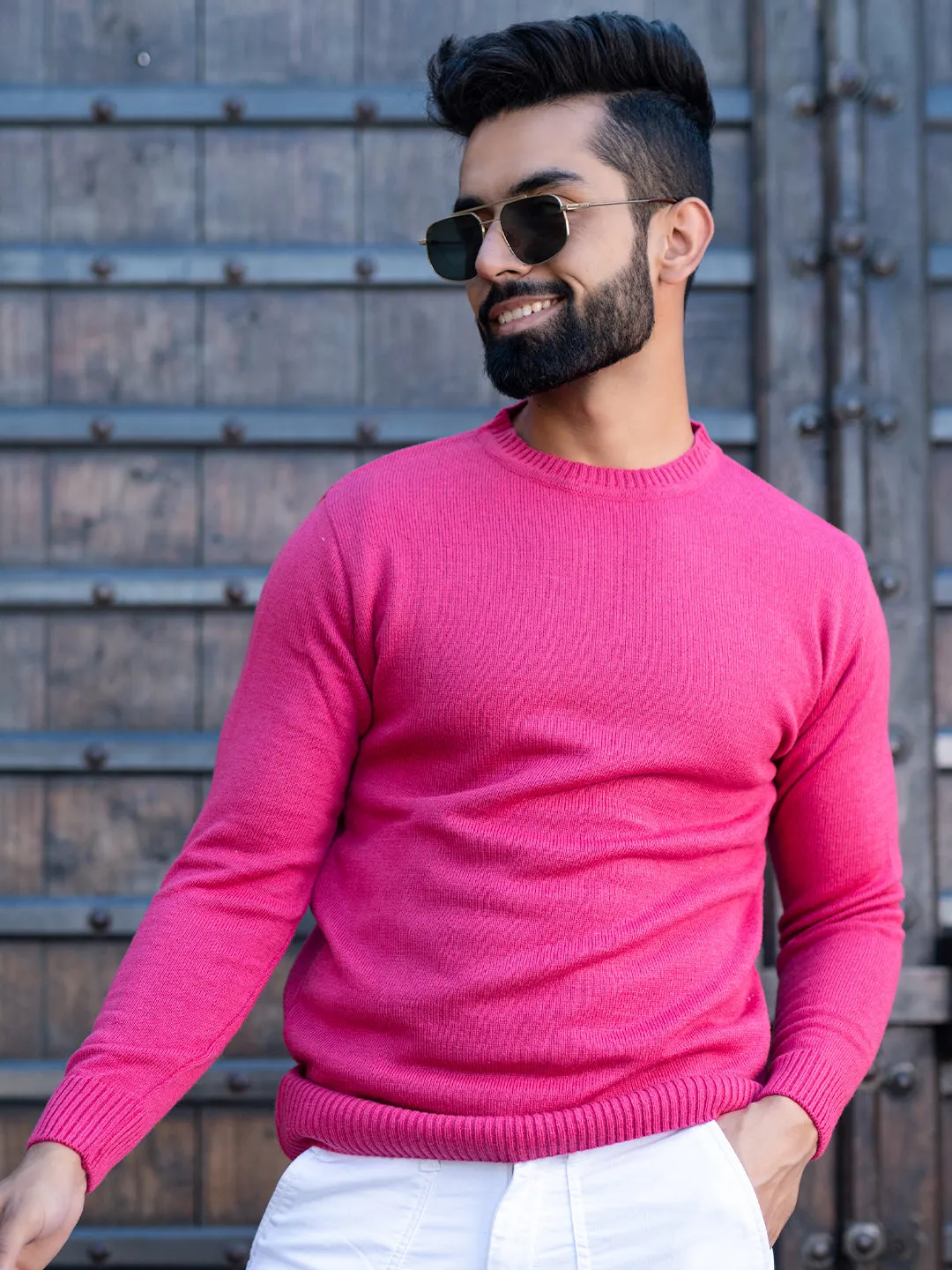 Dark Pink Color Crew Neck  Sweater