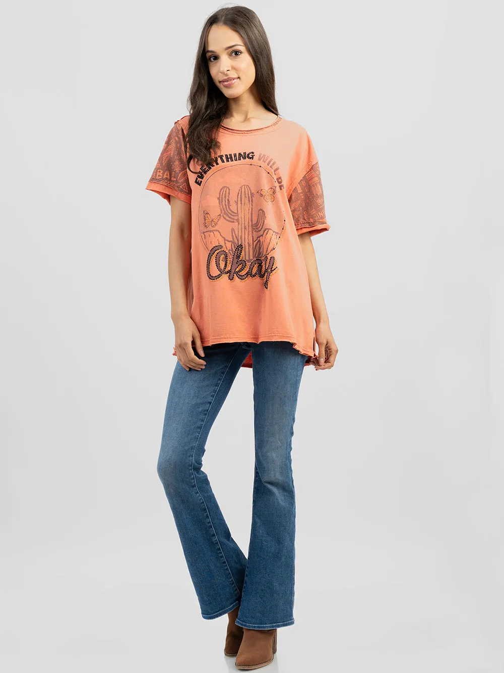 Delila Women Embroidered Washed Cactus Tee With Rhinestones