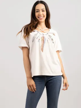 Delila Women Mineral Wash Feather Print Short Sleeve Tee DL-T025（Prepack 7 Pcs）