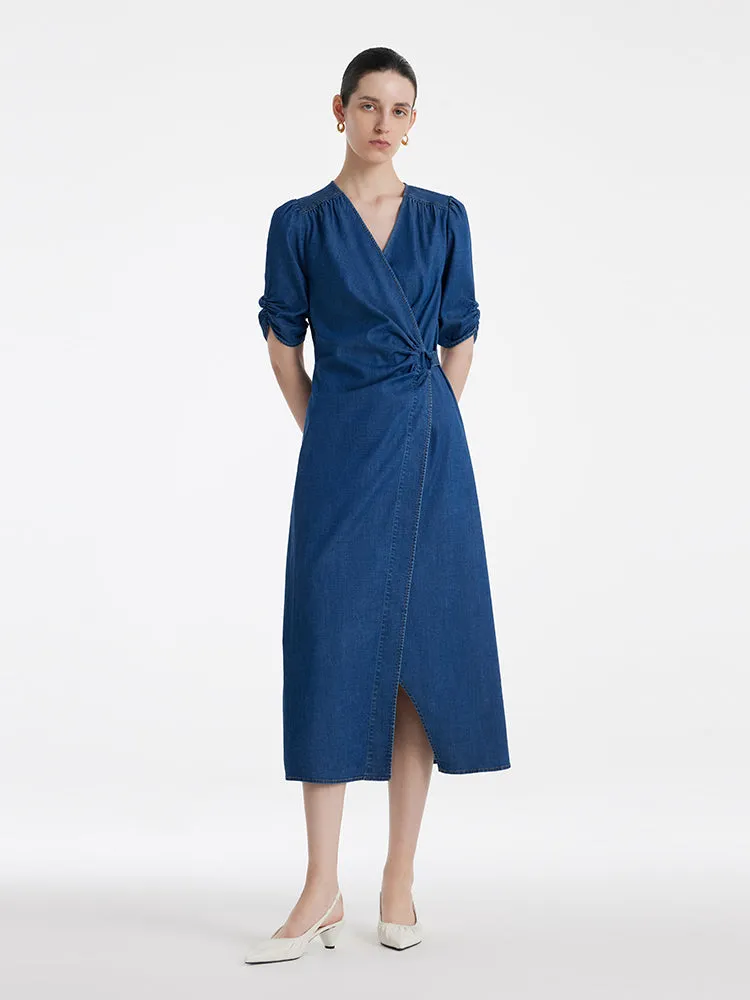 Denim V-Neck Twist Waist Women Midi Dress