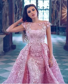 detachable skirt pink prom dresses 2021 cap sleeve lace applique luxury elegant prom gown vestidos