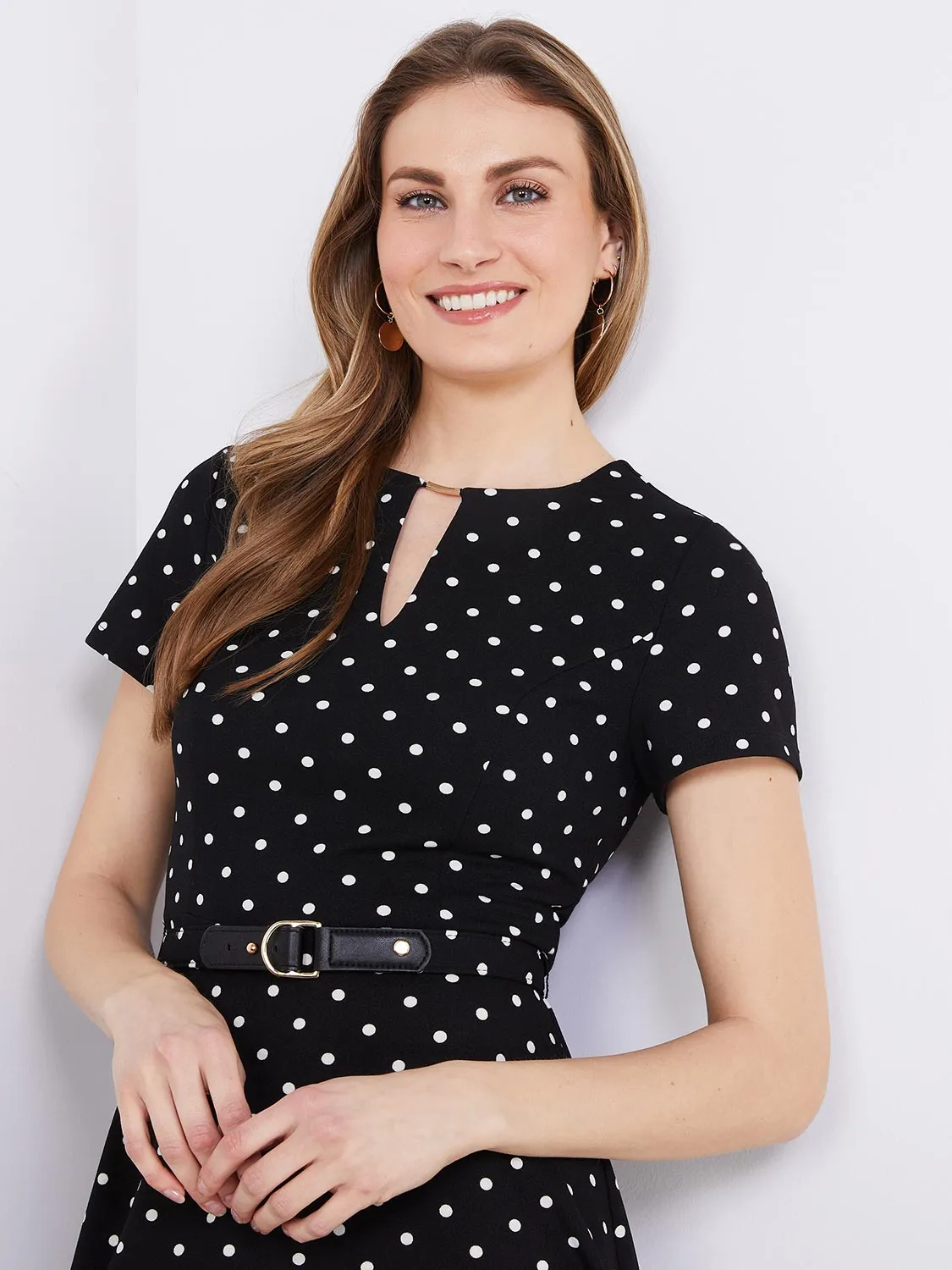 Dot Print Front Keyhole Fit & Flare Midi Dress