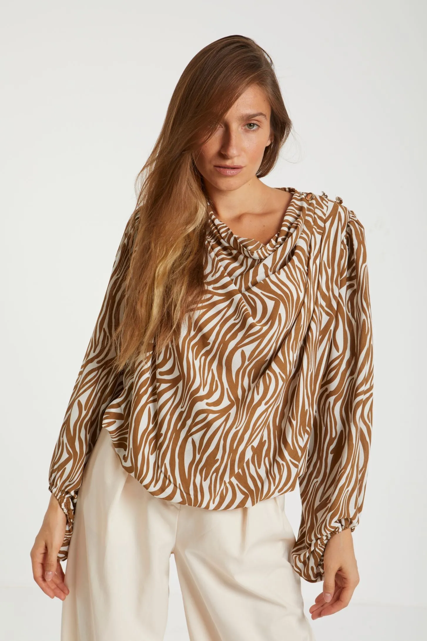 DRAPED CHIFFON TOP - BEIGE