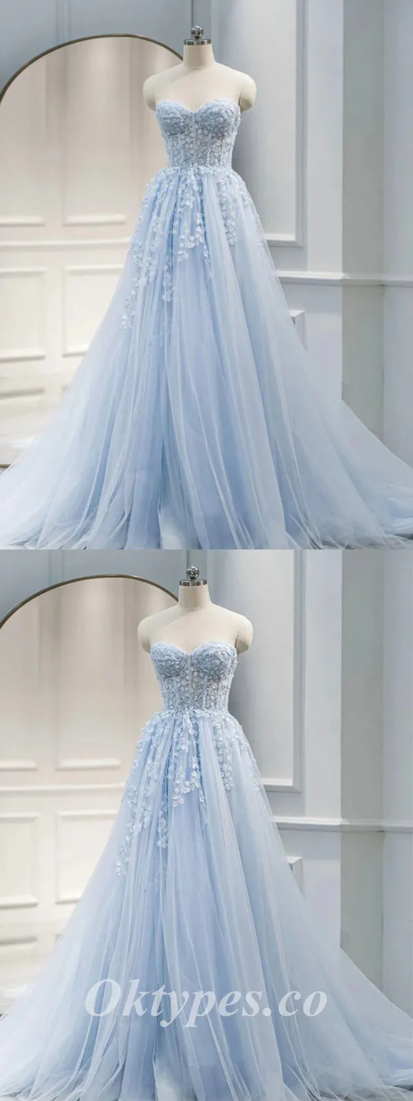 Elegant Blue Tulle Sweetheart V-Neck Sleeveless A-Line Long Prom Dresses/Ball Gown With Applique,PDS0641