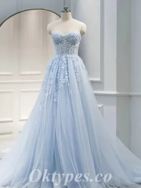 Elegant Blue Tulle Sweetheart V-Neck Sleeveless A-Line Long Prom Dresses/Ball Gown With Applique,PDS0641