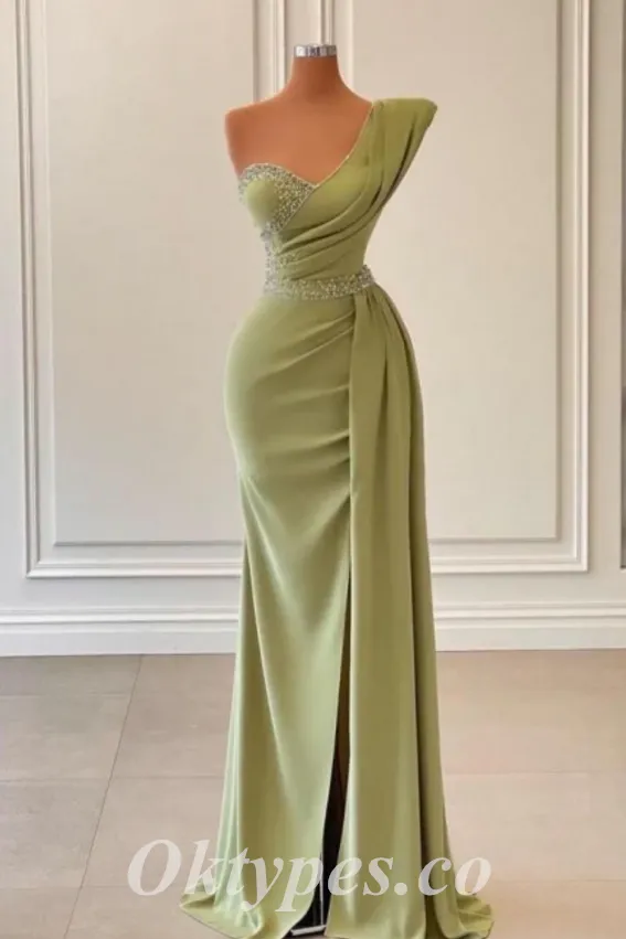 Elegant Crepe One Shoulder Sleeveless Side Slit Mermaid Long Prom Dresses With Beading,PDS0548