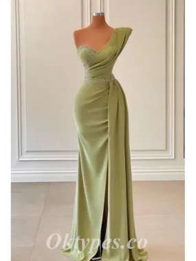 Elegant Crepe One Shoulder Sleeveless Side Slit Mermaid Long Prom Dresses With Beading,PDS0548