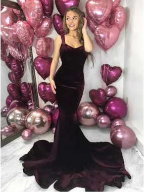 Elegant Dark Burgundy Velvet  Long Court Train Prom Dresses, TYP1594