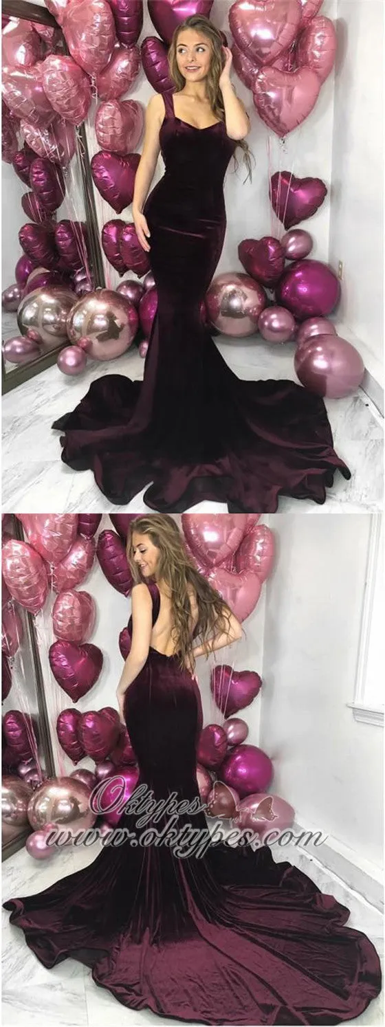 Elegant Dark Burgundy Velvet  Long Court Train Prom Dresses, TYP1594