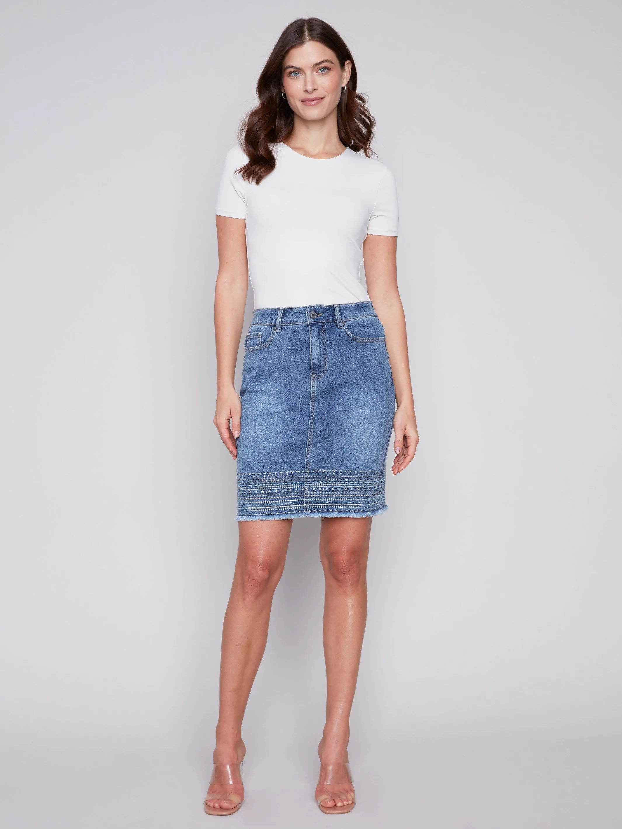 Embroidered Hem Denim Skort - Medium Blue