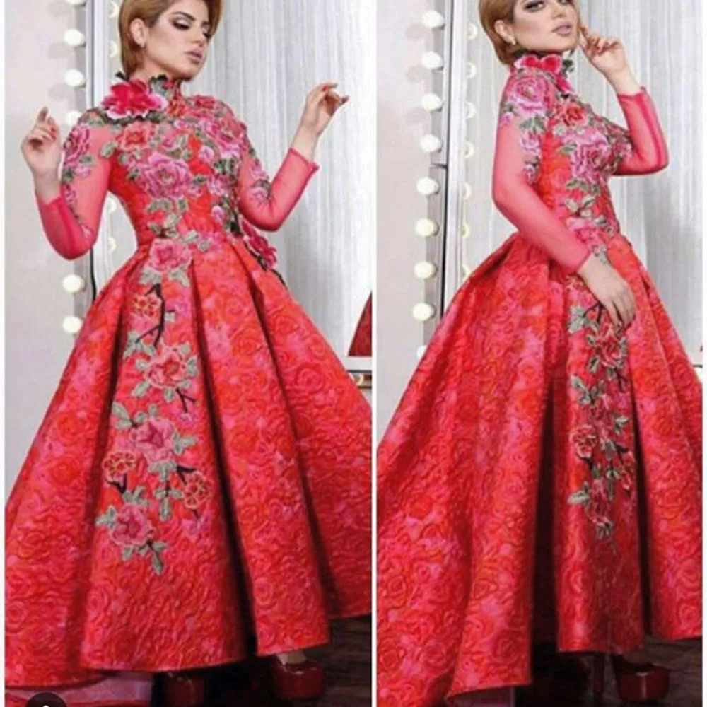 embroidery applique red prom dresses high low lace arabic high neck vintage prom gown robe de soiree