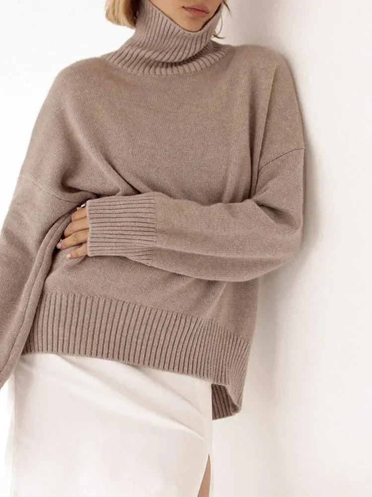 Fashion Solid Turtleneck Long Sleeve Knitted Commute Loose Women Autumn Ladies Sweater