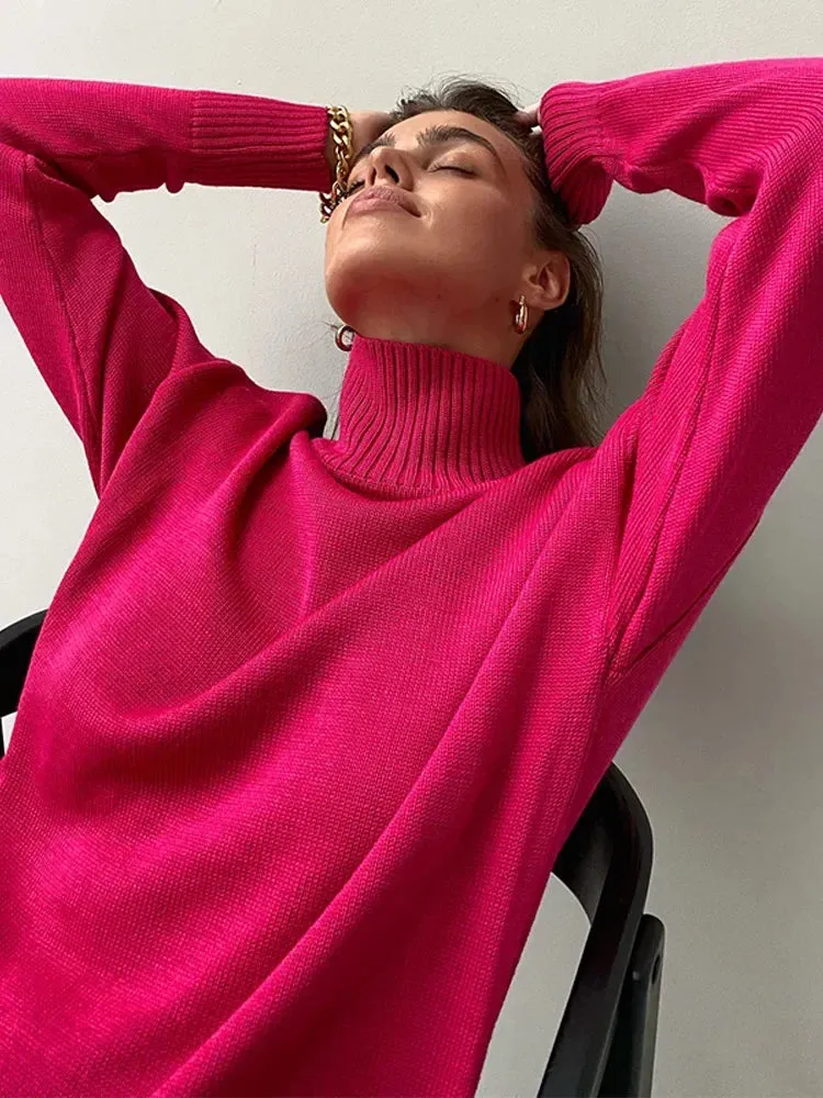 Fashion Solid Turtleneck Long Sleeve Knitted Commute Loose Women Autumn Ladies Sweater