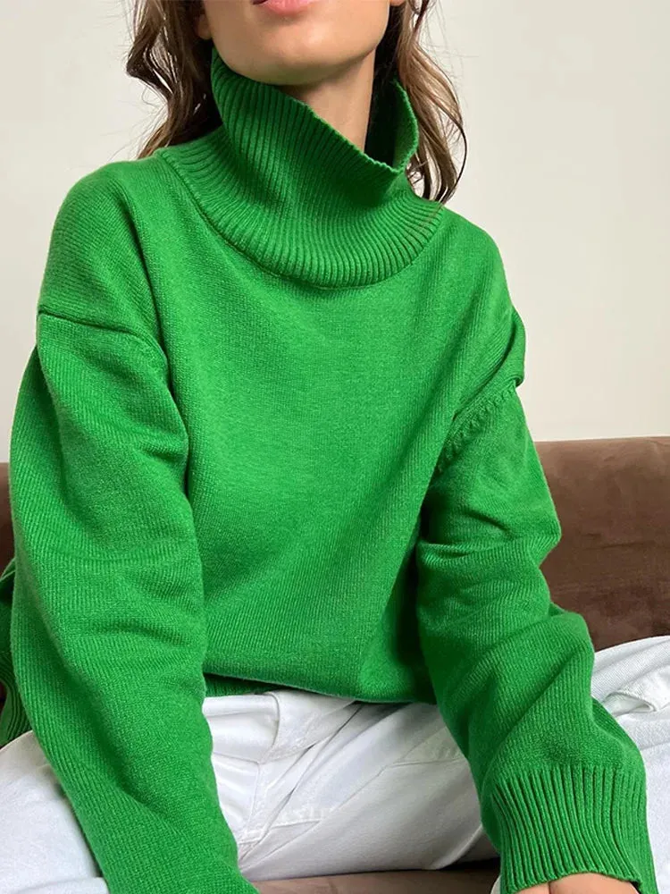 Fashion Solid Turtleneck Long Sleeve Knitted Commute Loose Women Autumn Ladies Sweater