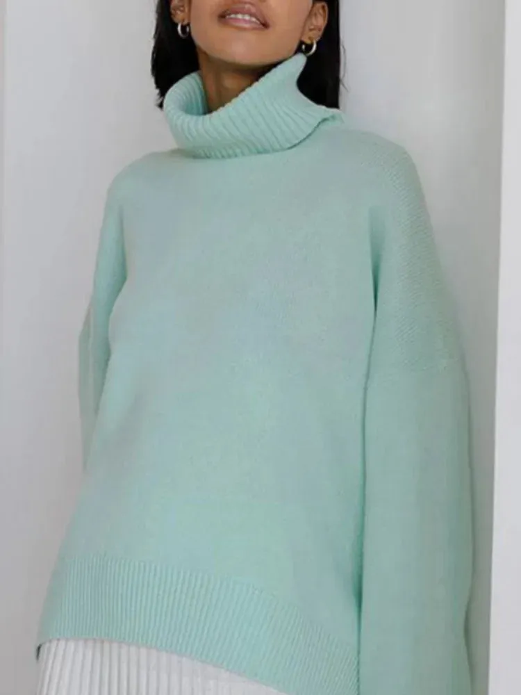 Fashion Solid Turtleneck Long Sleeve Knitted Commute Loose Women Autumn Ladies Sweater