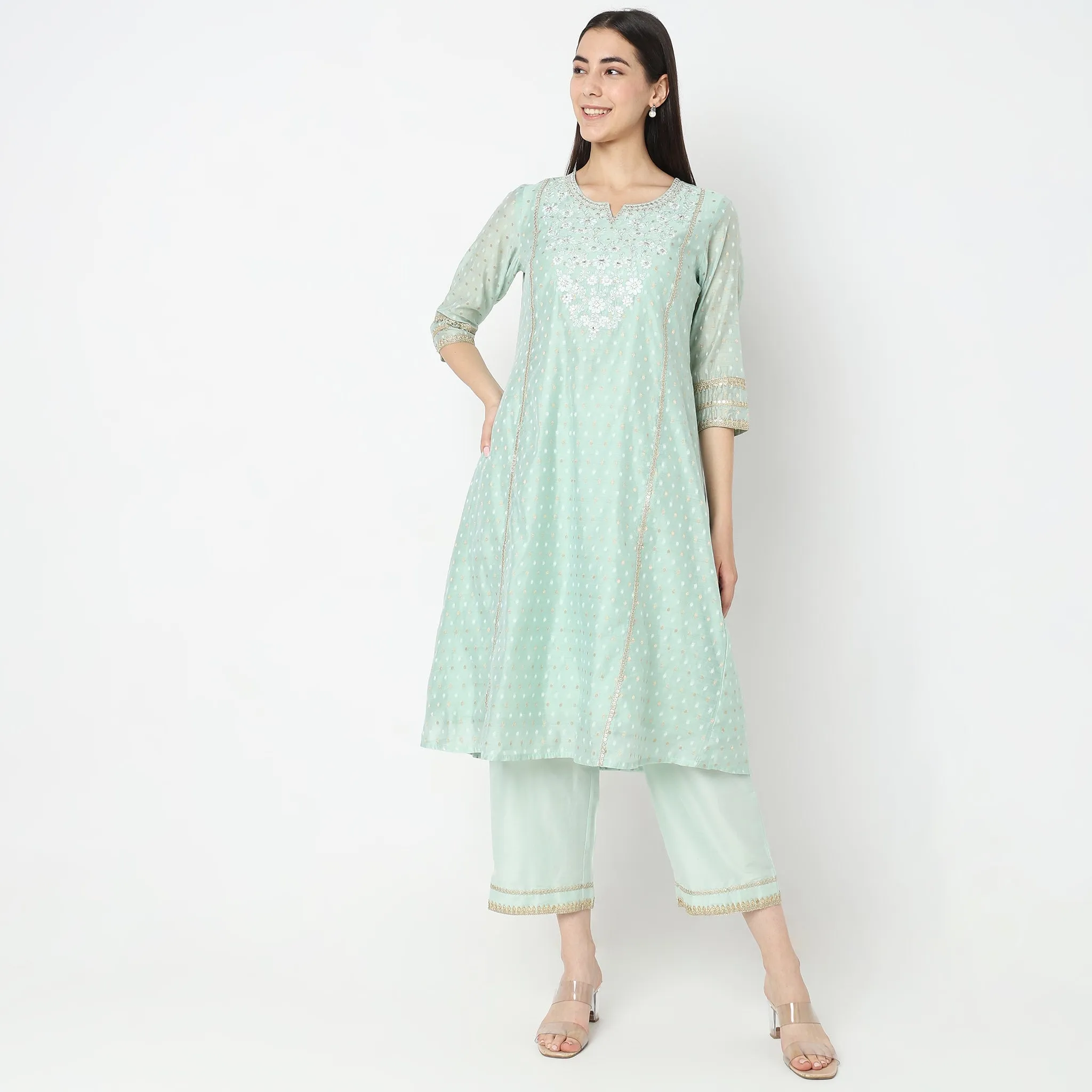 Flare Fit Embroidered Kurta with Palazzo & with Dupatta Set