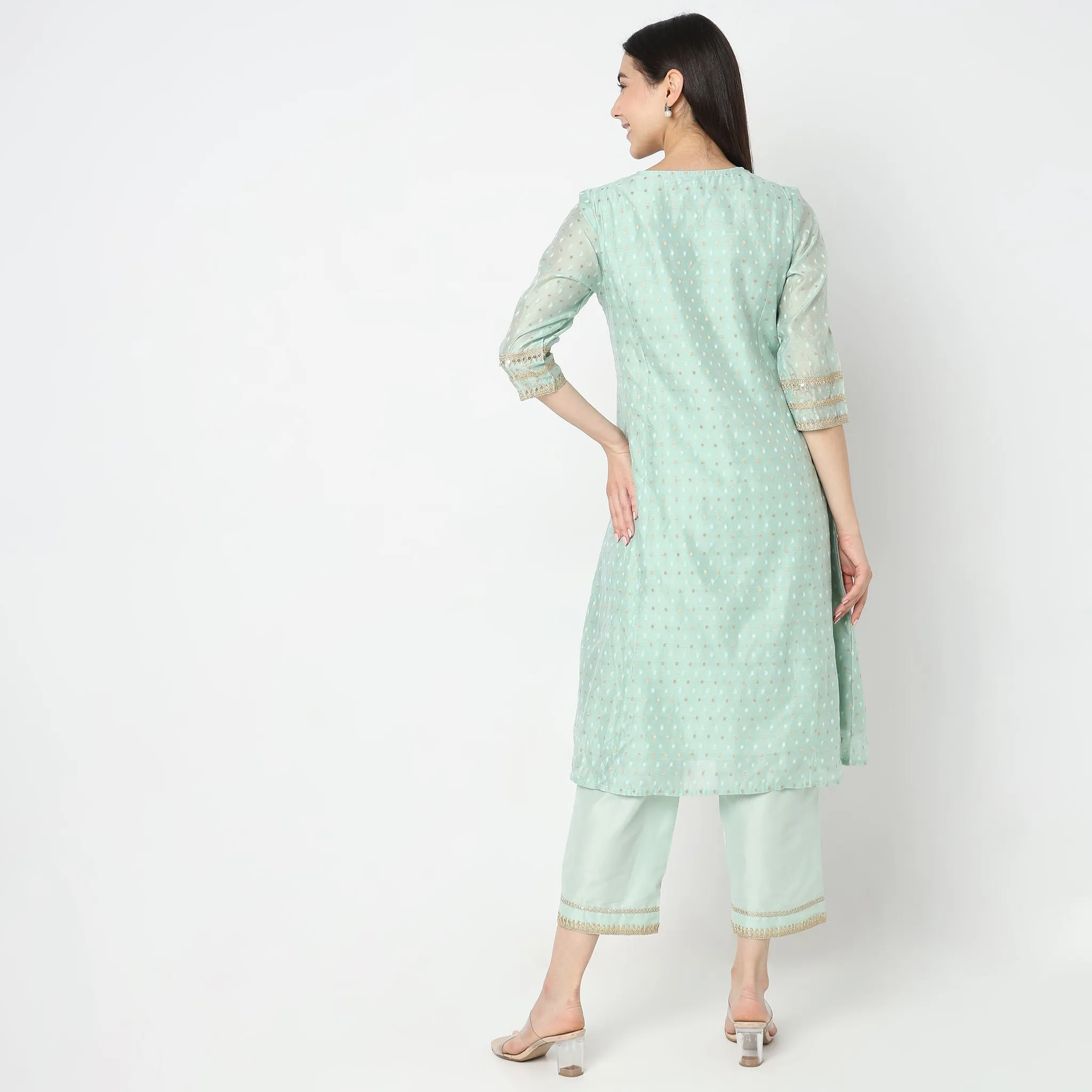 Flare Fit Embroidered Kurta with Palazzo & with Dupatta Set