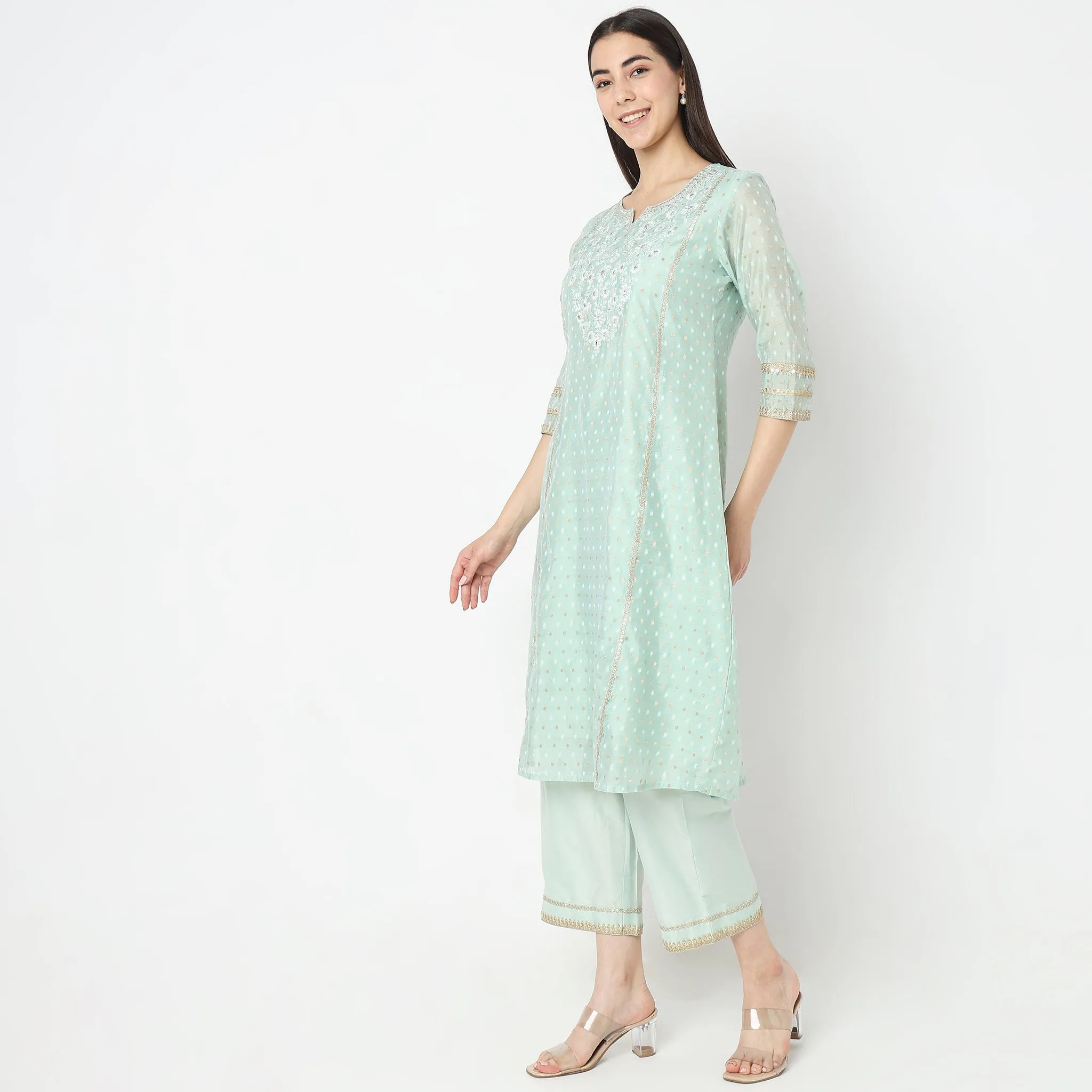 Flare Fit Embroidered Kurta with Palazzo & with Dupatta Set