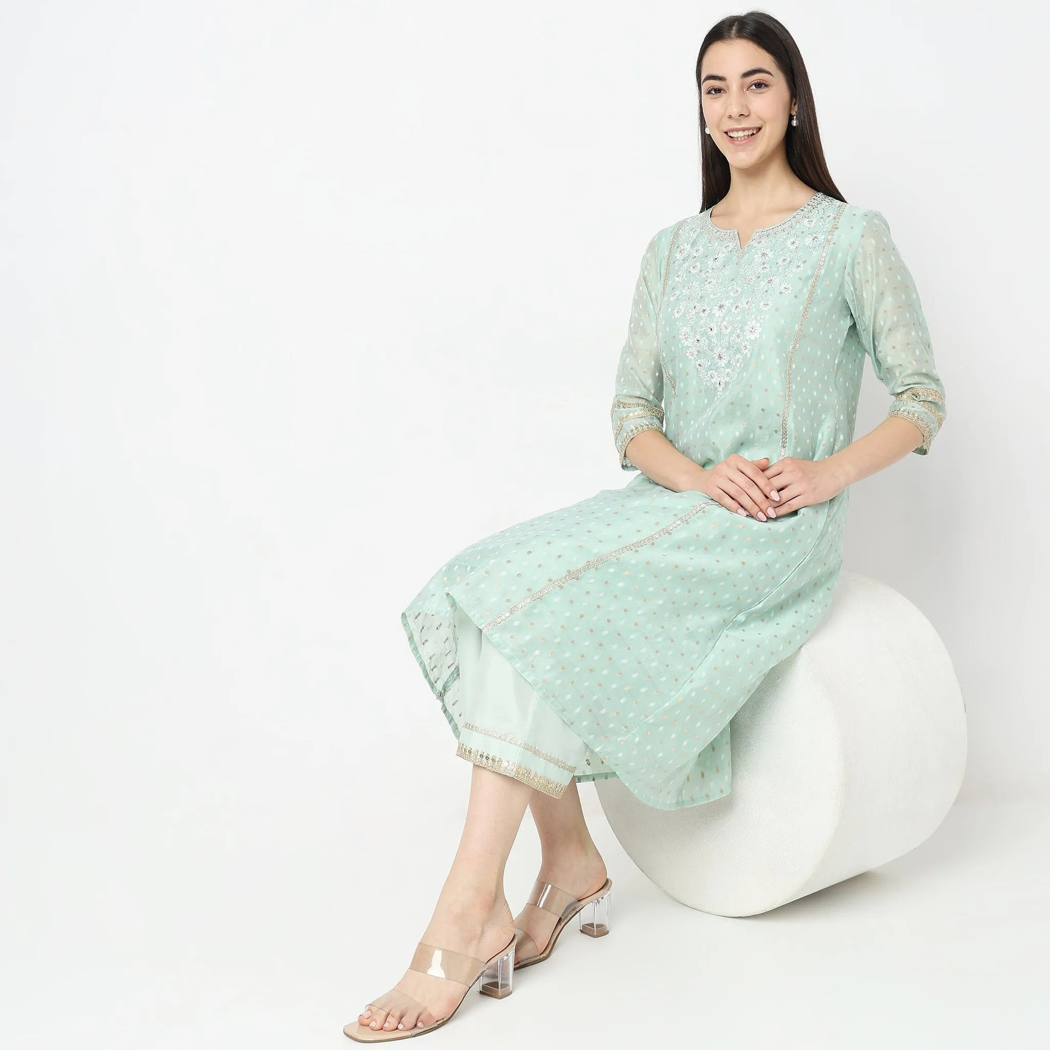 Flare Fit Embroidered Kurta with Palazzo & with Dupatta Set