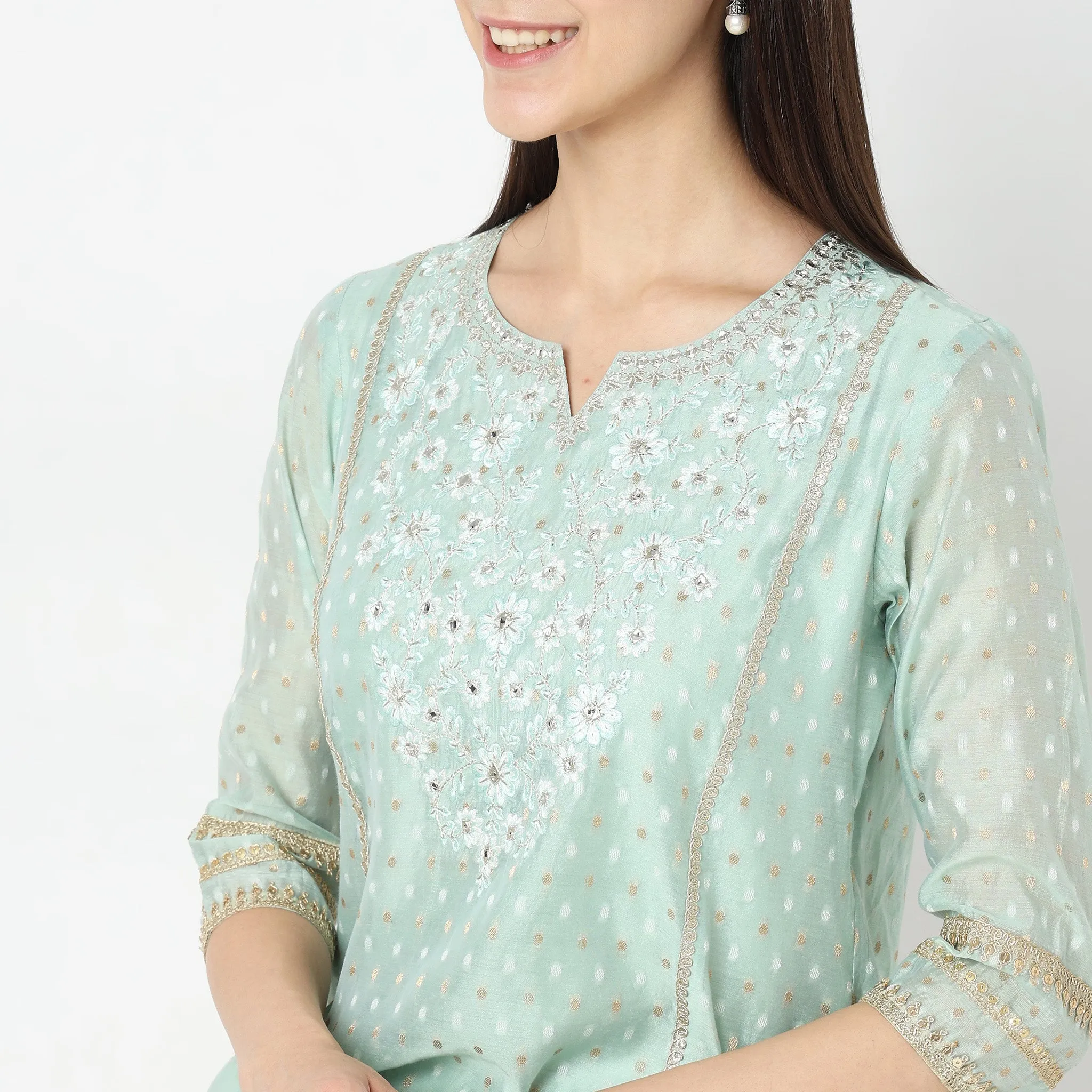 Flare Fit Embroidered Kurta with Palazzo & with Dupatta Set