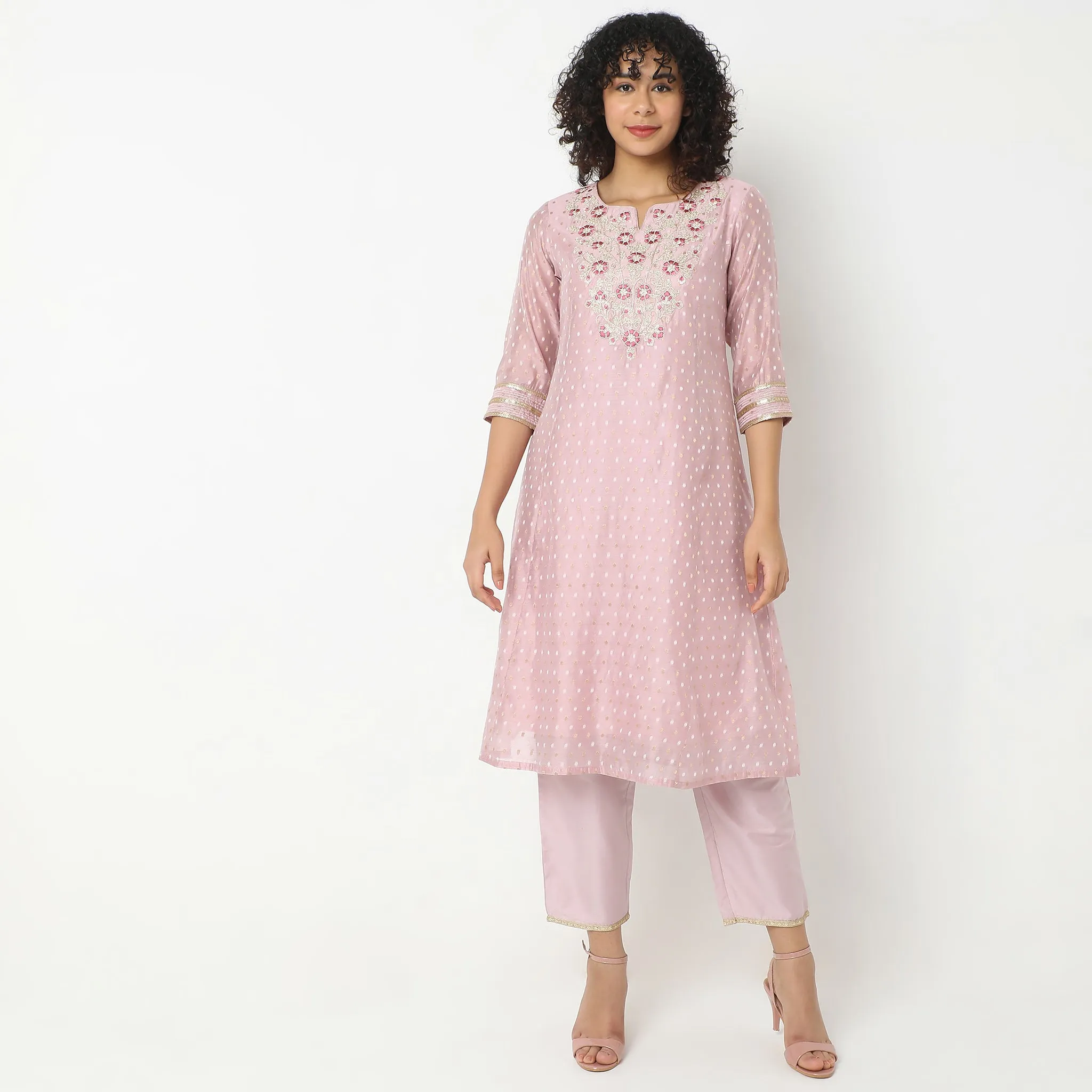 Flare Fit Embroidered Kurta with Pant & with Dupatta Set