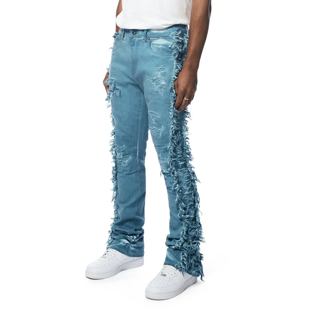 Frayed Stacked Pigment Dyed Pants - Cool Blue