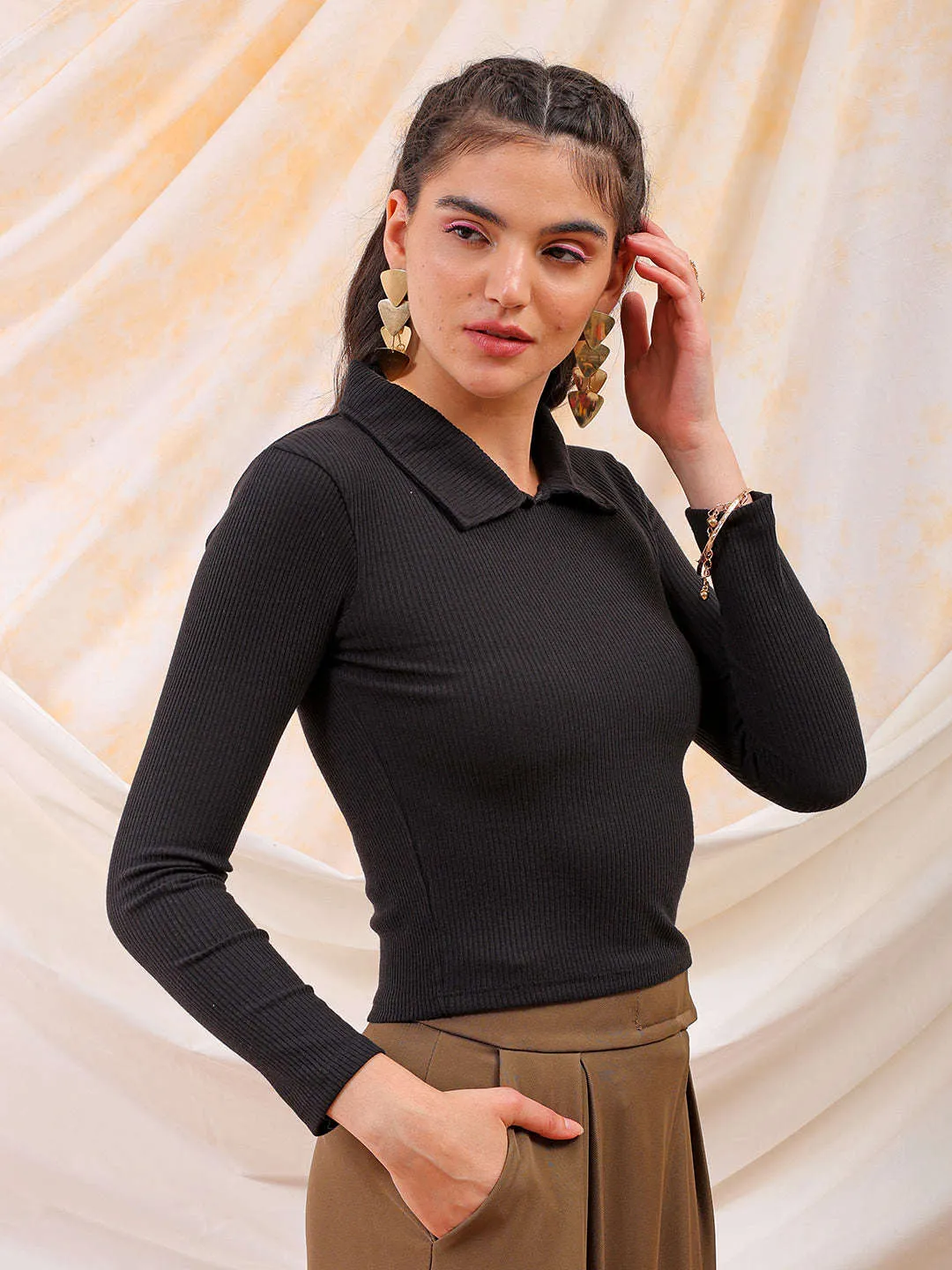 Freehand Women Black Fitted Solid Collared Shirt Style