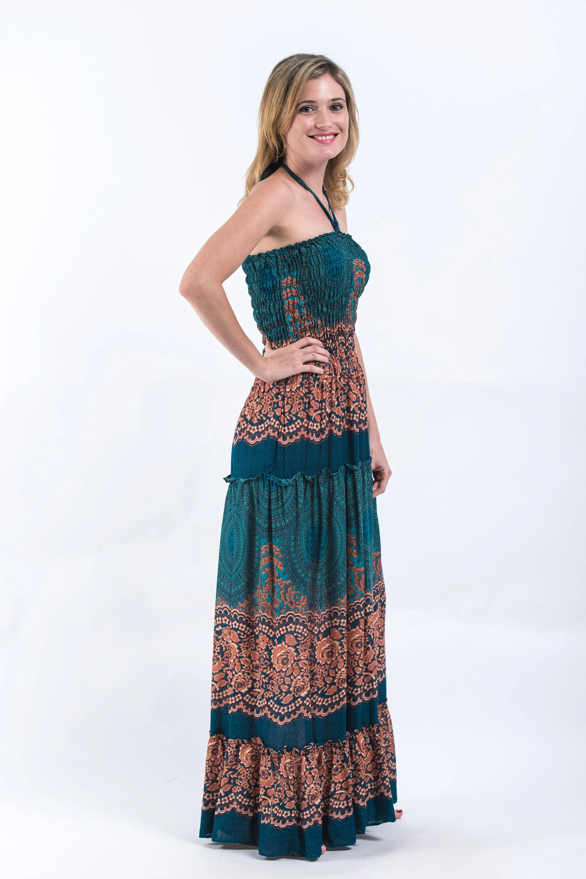 Geometric Mandalas Smocked Bandeau Maxi Dress in Turquoise