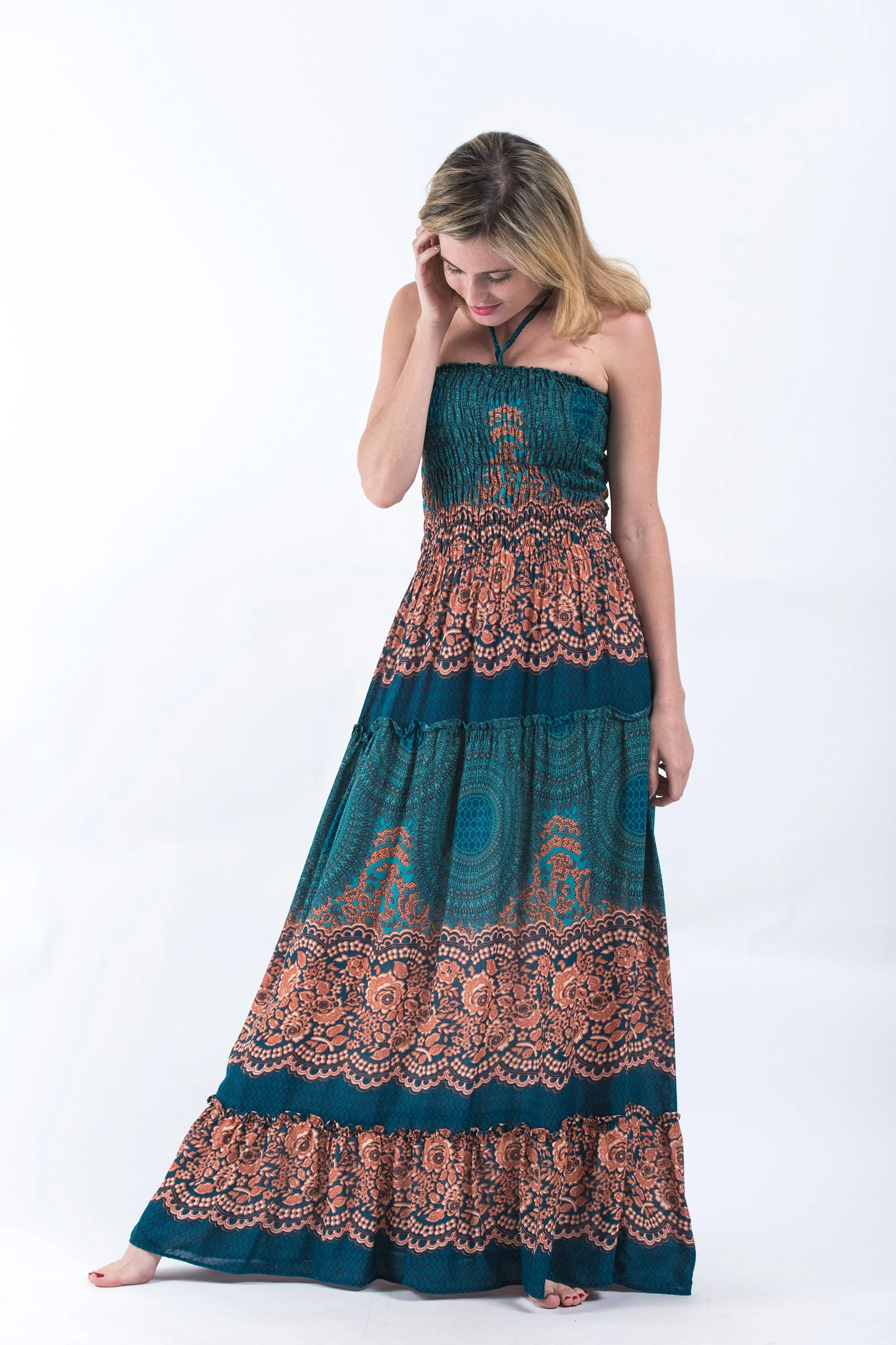 Geometric Mandalas Smocked Bandeau Maxi Dress in Turquoise