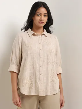 Gia Beige Floral Embroidered Cotton Shirt