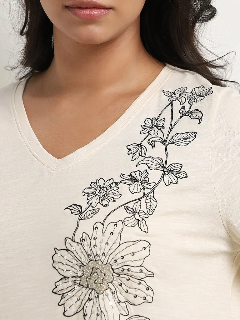 Gia Cream Floral Embroidered Cotton T-Shirt