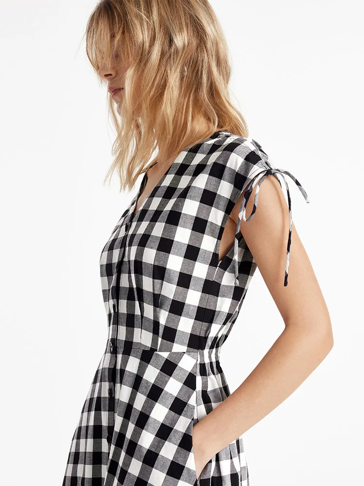 Gingham Single-Breasted Women Midi Dress