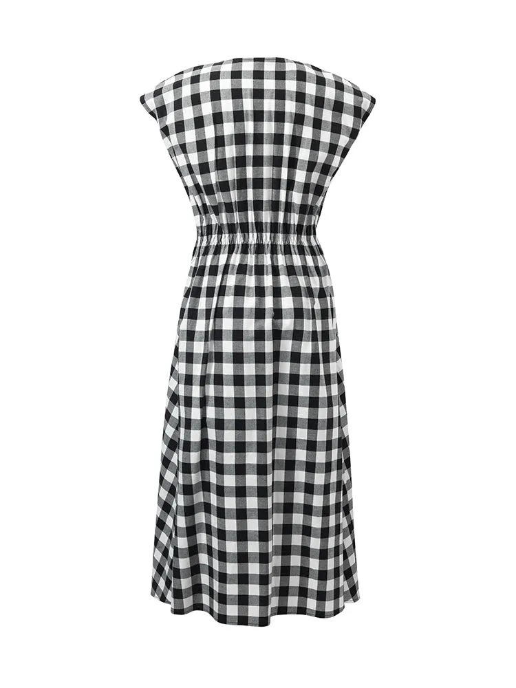 Gingham Single-Breasted Women Midi Dress