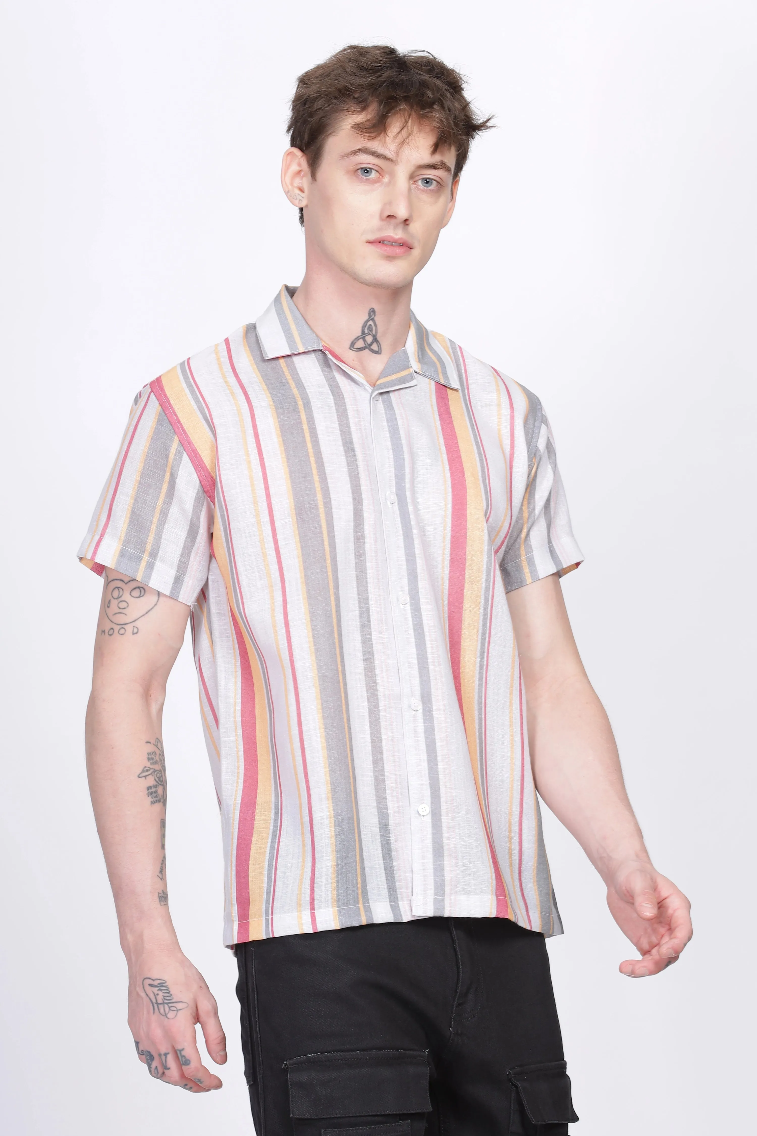 Gray stripe printed linen shirt for men