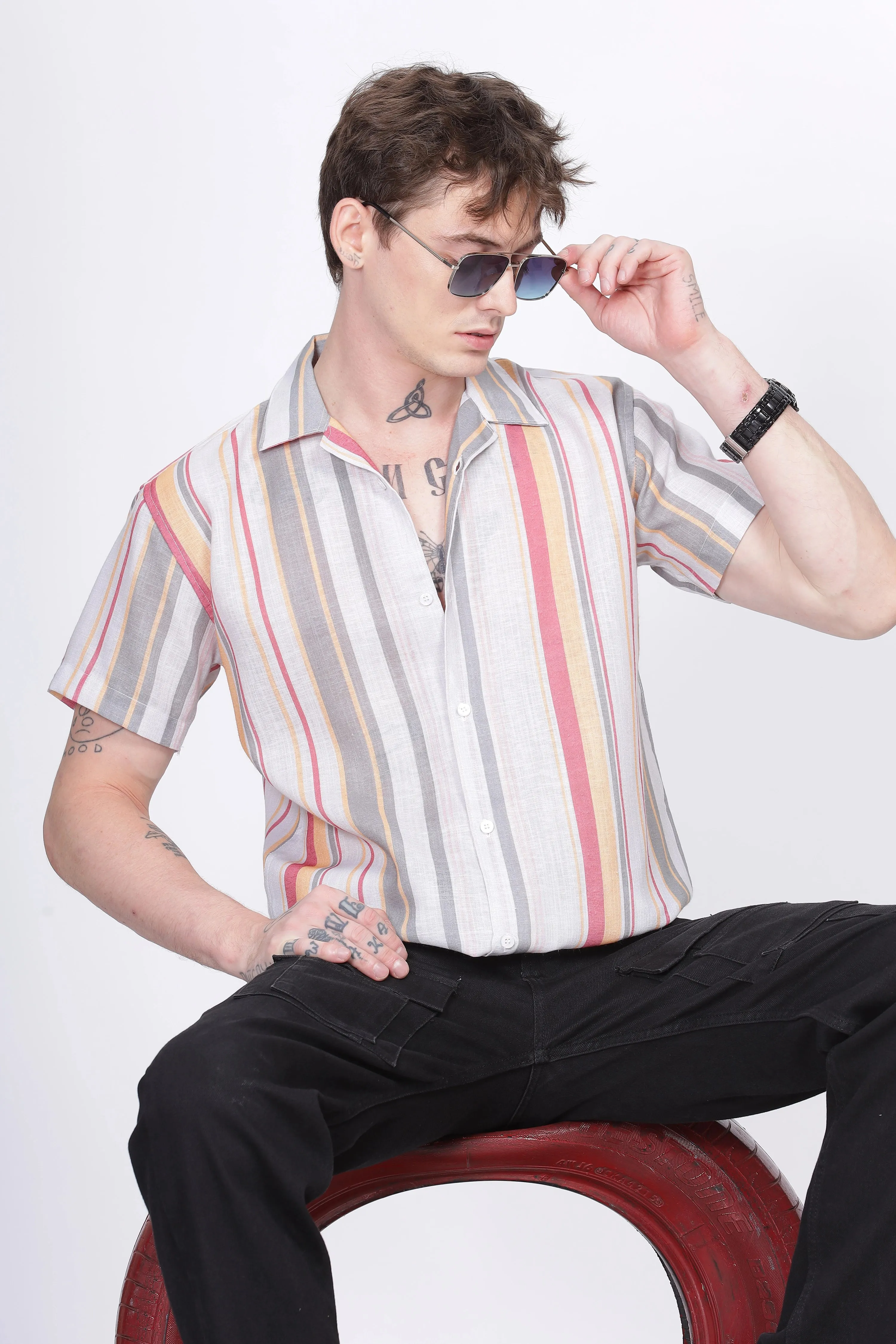 Gray stripe printed linen shirt for men