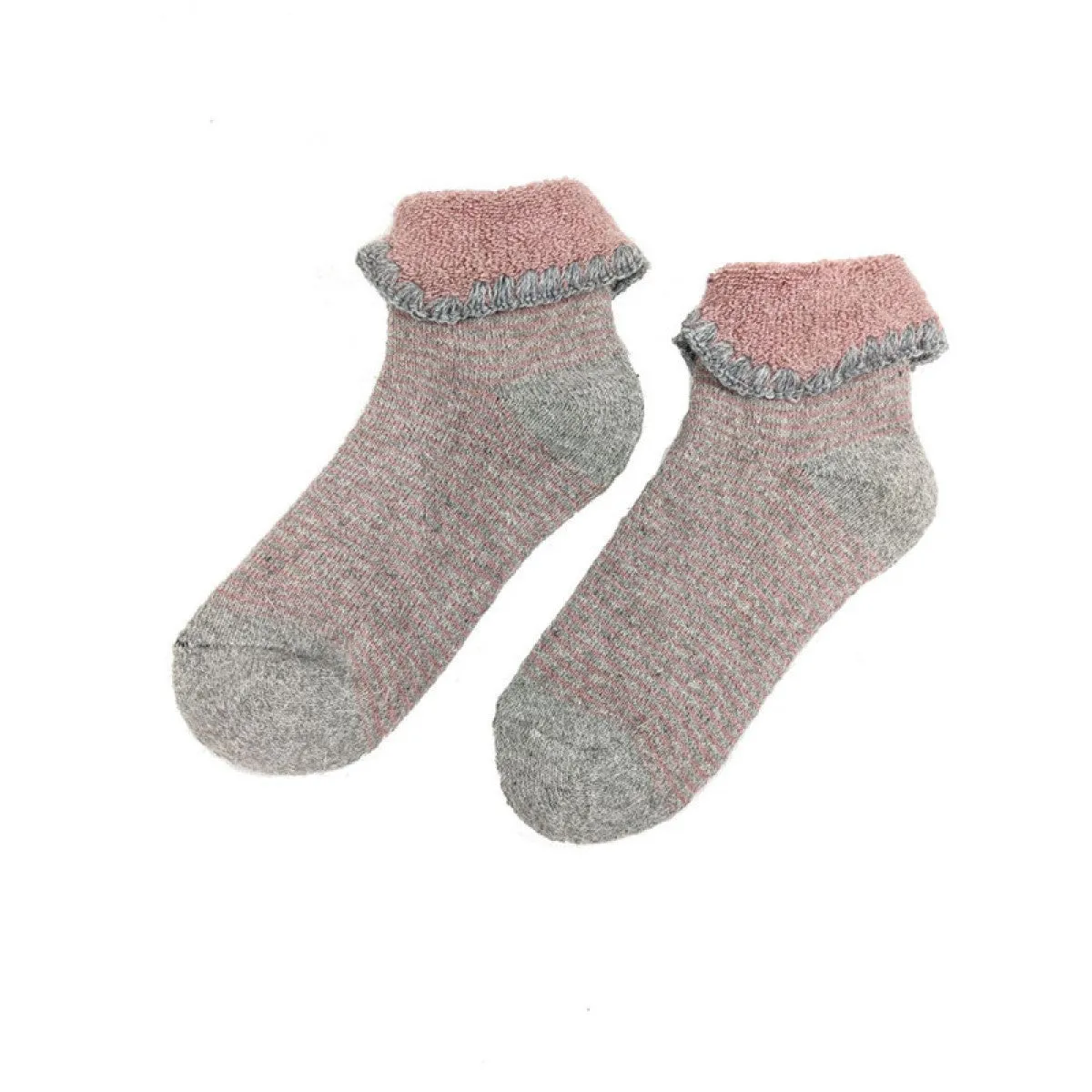 Grey And Pink Striped Cuff Socks For Children