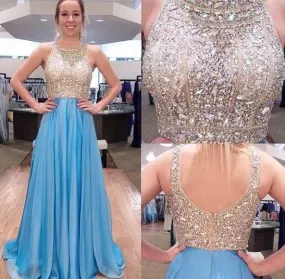 halter prom dresses long chiffon beaded blue a line elegant sexy formal dresses vestido de longo