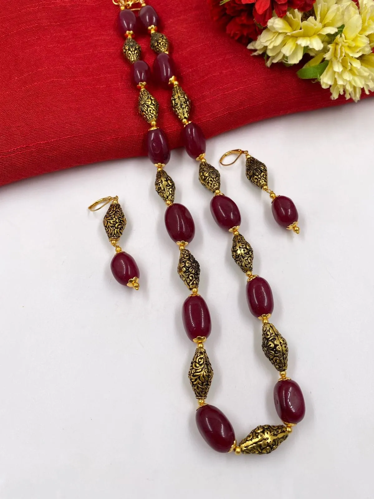 Handcrafted Red Jade Tumbled Shape Beads Necklace For Women By Gehna Shop