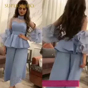 high neck beaded bridal jumpsuit for women blue dubai arabic elegant pant suit for weddings 2021