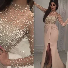 high neck beaded evening dresses long sleeve arabic champagne peals sexy formal dress evening gown