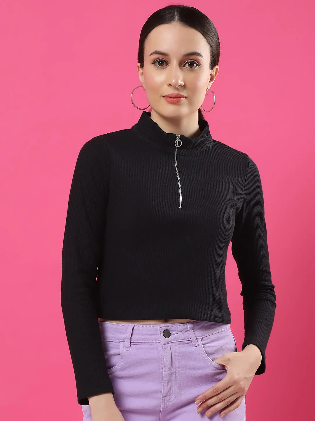 High Neck Waffle Textured Crop Top for Women